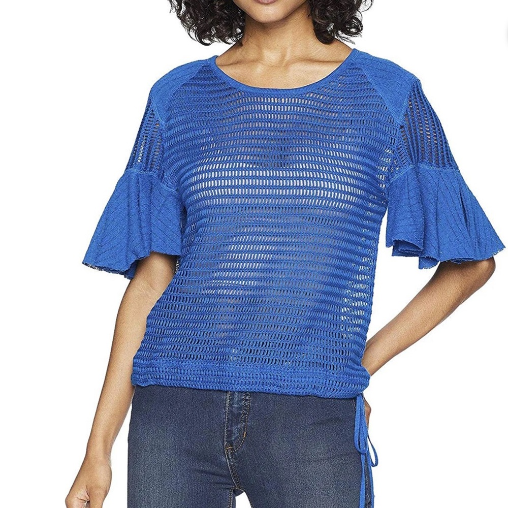 Free People Blue Ruffled Flutter Sleeve Blouse
